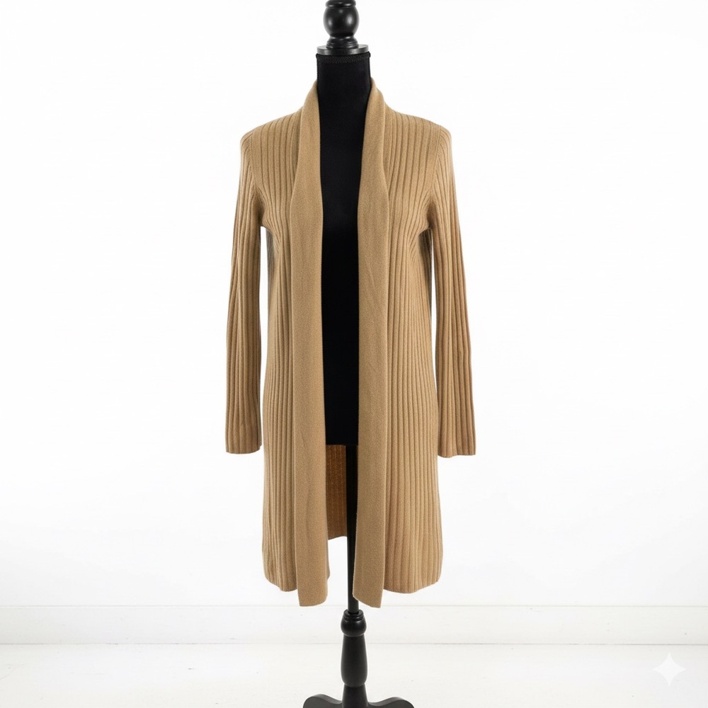 Neiman Marcus 100% Cashmere Ribbed Longline Cardigan Sweater Camel Tan S‎